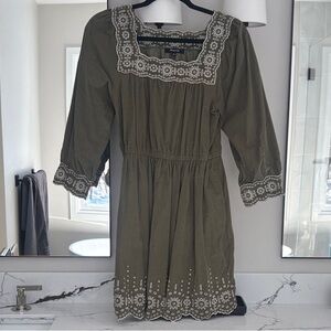 Madewell Olive Dress with White Floral Embroidery